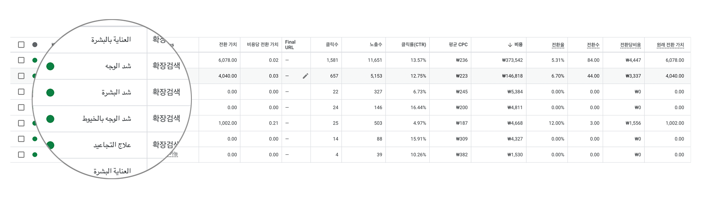 아랍어 검색 키워드 광고 실적